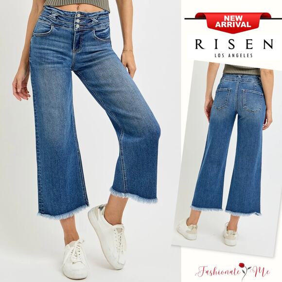 RISEN High Rise Raw Hem Wide Band Detail Dark Wash Cropped Wide Leg Denim Jeans